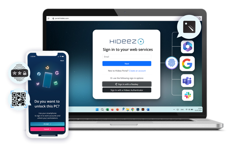 Hideez Workforce Identity on a phone and a workstation