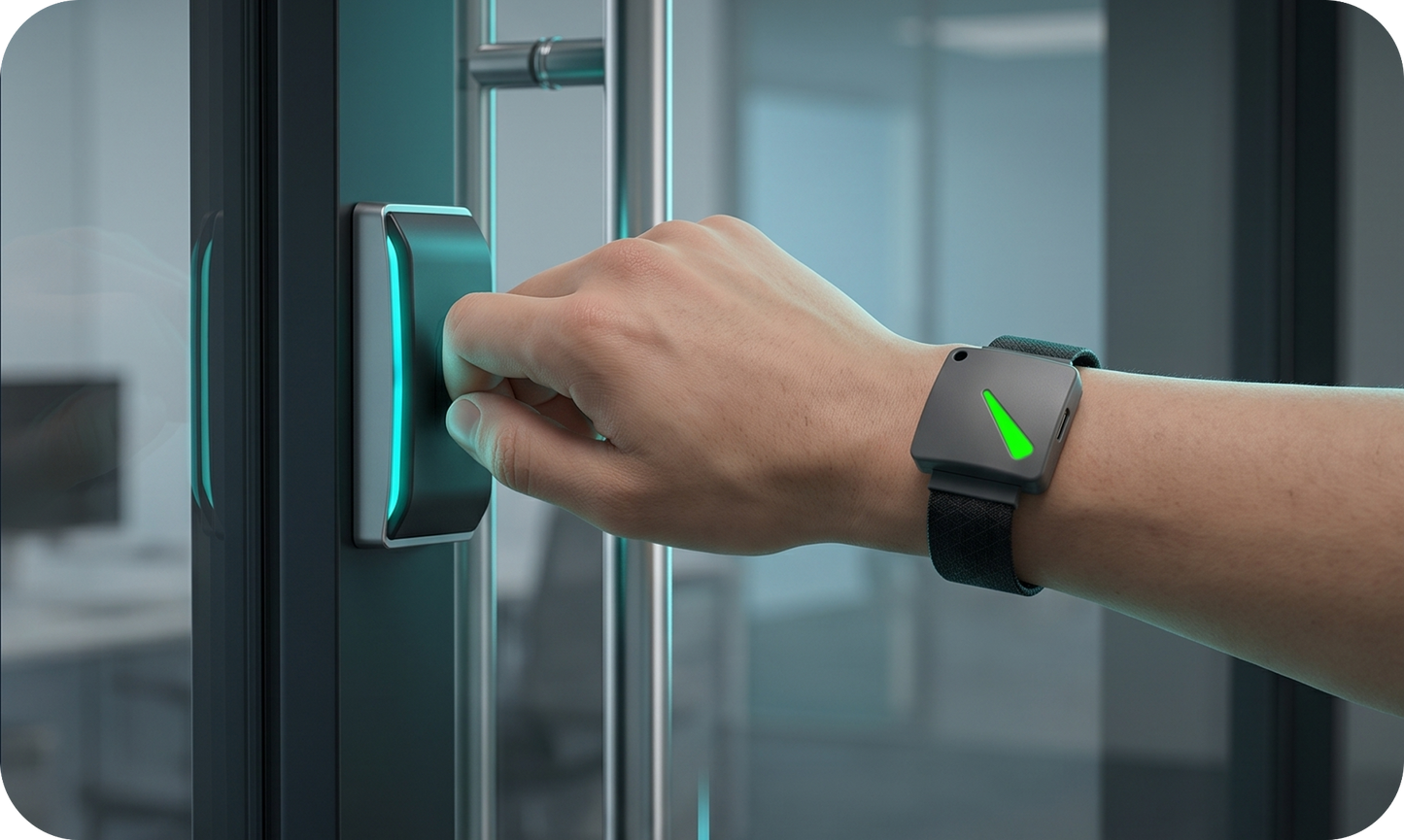 Employee opening an office door with the NFC credential built into Hideez Key 5