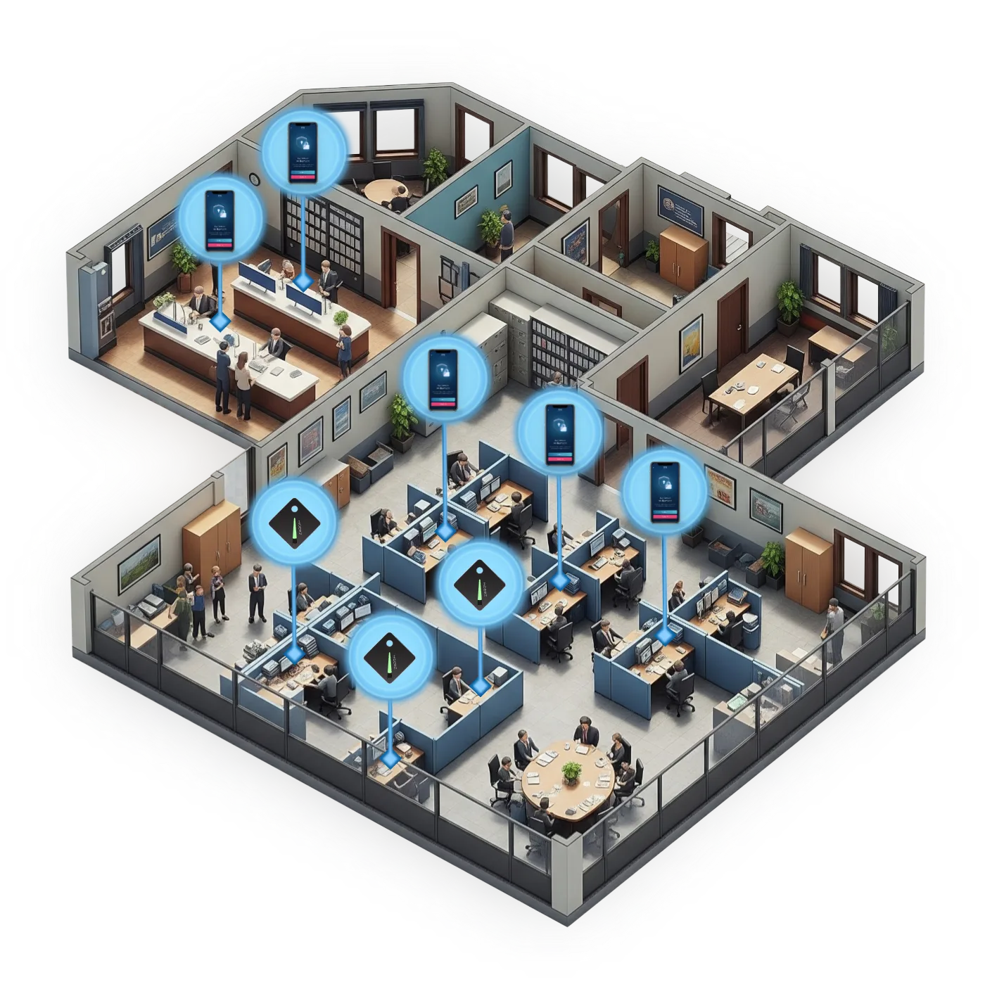 Isometric cutaway of an office with Hideez passwordless logins at every workstation